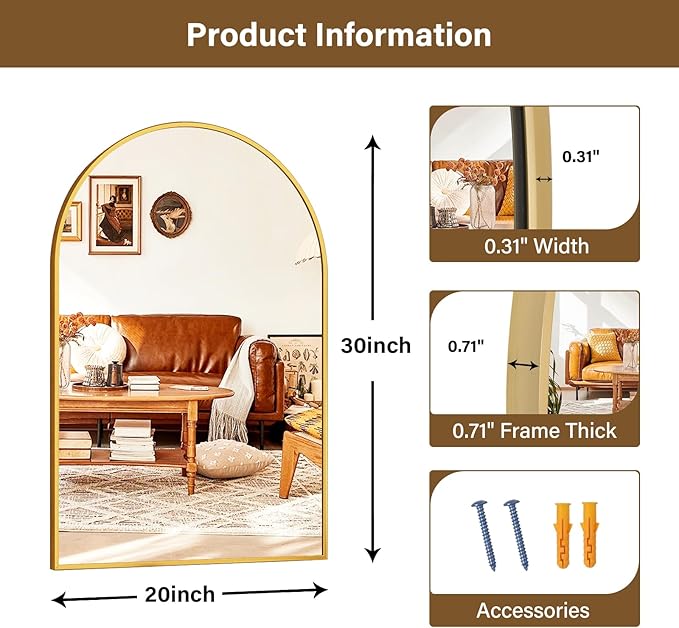 XRAMFY 20"x30" Gold Arched Bathroom Mirror - Image 6