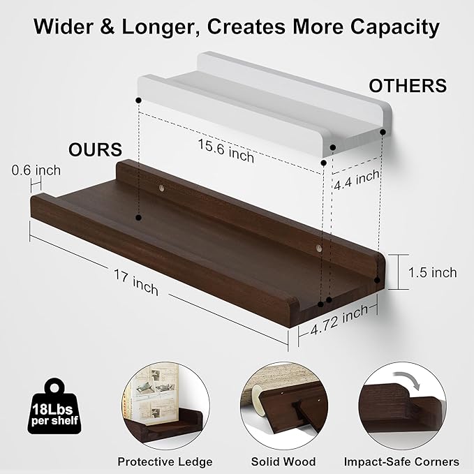 Love-KANKEI Floating Shelves Wall Mounted Set of 2, 17 Inch Rustic Wood Wall - Image 3