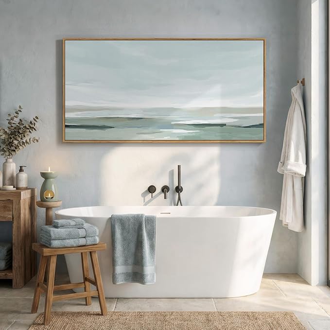 Large Framed Wall Art for Living Room, Horizontal Sage Green Abstract Landscape - Image 3