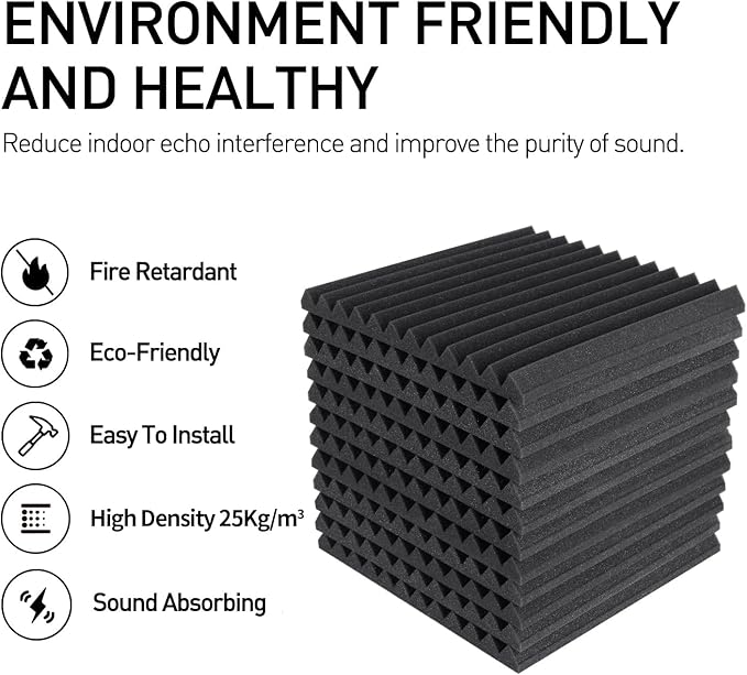 Focusound 52 Pack Black GreyAcoustic Foam Panels 1" x 12" x 12" Sound Proof - Image 3