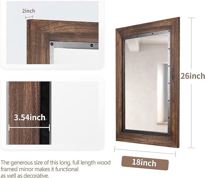 YOSHOOT Rustic Wooden Framed Wall Mirror, Natural Wood and Iron Bathroom Vanity - Image 3