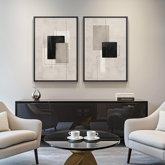 Large Framed Neutral Abstract Wall Art Set of 2, Minimalist Block Lines Pictures - Image 2