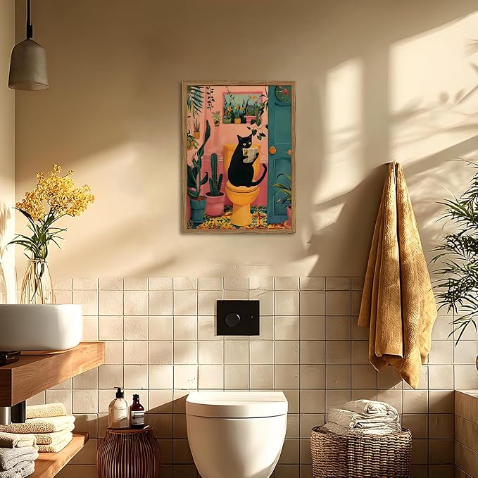 Funny Black Cat Bathroom Wall Art Whimsical Cat Reading Newspaper on Toilet - Image 4