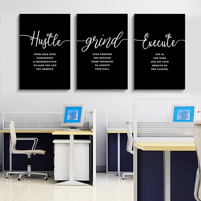 Hustle Quotes Execute Prints, Framed Canvas Wall Art Success Quote, Office Wall - Image 2