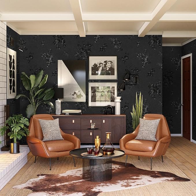 Black Peel and Stick Wallpaper 787.4inL17.3inW Silk Embossed Floral Contact - Image 2
