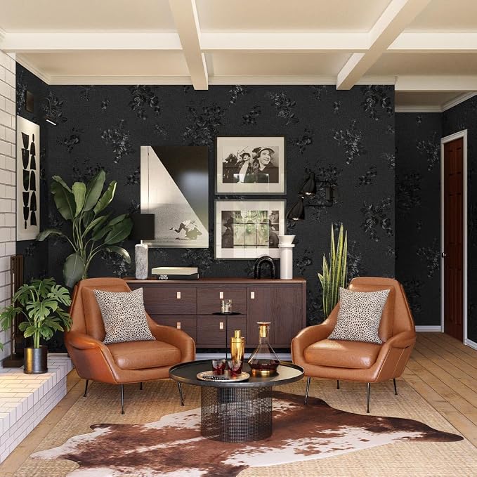 Black Peel and Stick Wallpaper Silk Embossed Floral Contact Paper - Image 3