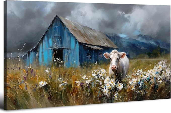 Rustic Farmhouse Wall Art Cow and Blue Barn Canvas Pictures Country Landscape by HOME