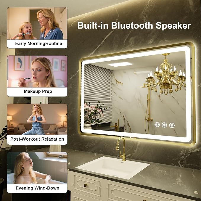 24''x36'' Gold Framed LED Bathroom Mirror - Image 4