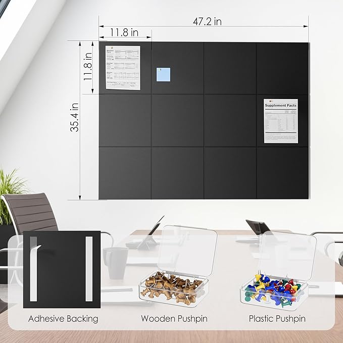 MaxGear Large Cork Board for Wall 48" x 36" Black Bulletin Board, 12 Pack Felt - Image 4