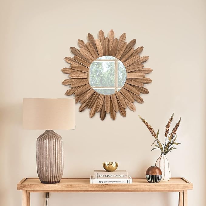 Honiway Mirror Wall Decor 21 inch Rustic Wood Boho Aesthetic Mirror - Image 6