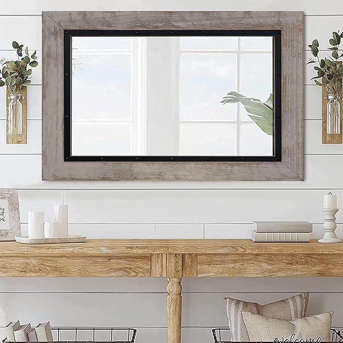 YOSHOOT Rustic Wooden Framed Wall Mirror, Natural Wood and Iron Bathroom Vanity - Image 3