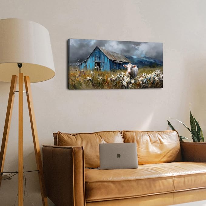 Farmhouse Barn Wall Art Cow Pictures Wall Decor Rustic Blue Barn Landscape - Image 5