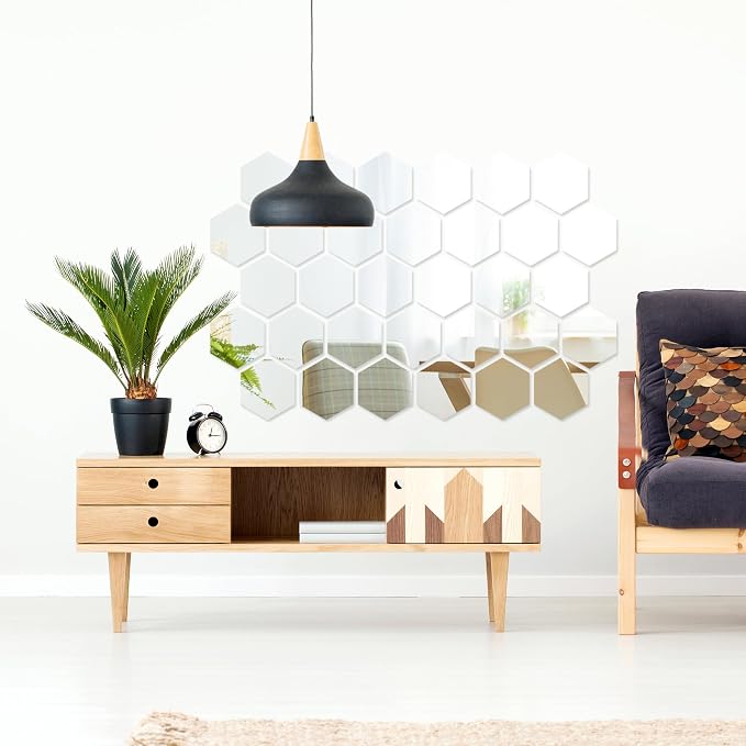 Shappy 32 Pcs Hexagon Mirror Wall Stickers Removable Silver Acrylic Mirror - Image 5
