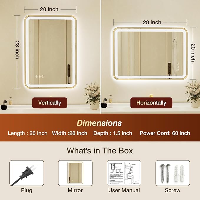 20x28 Inch Gold Framed LED Bathroom Mirror - Image 2