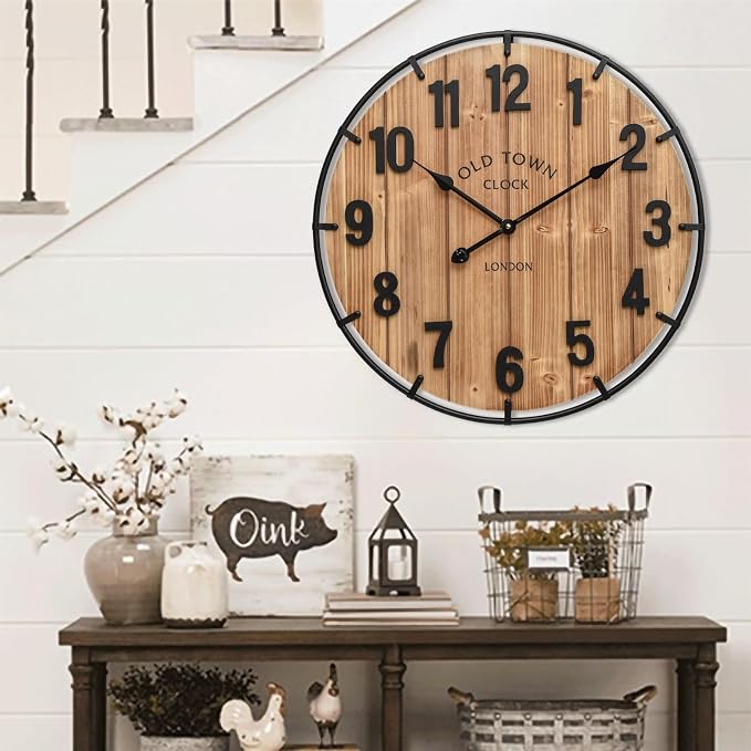 EMAX HOME Large Old Town Farmhouse Wall Clock 24 Inch Rustic Antique Wood by EMAXHOME