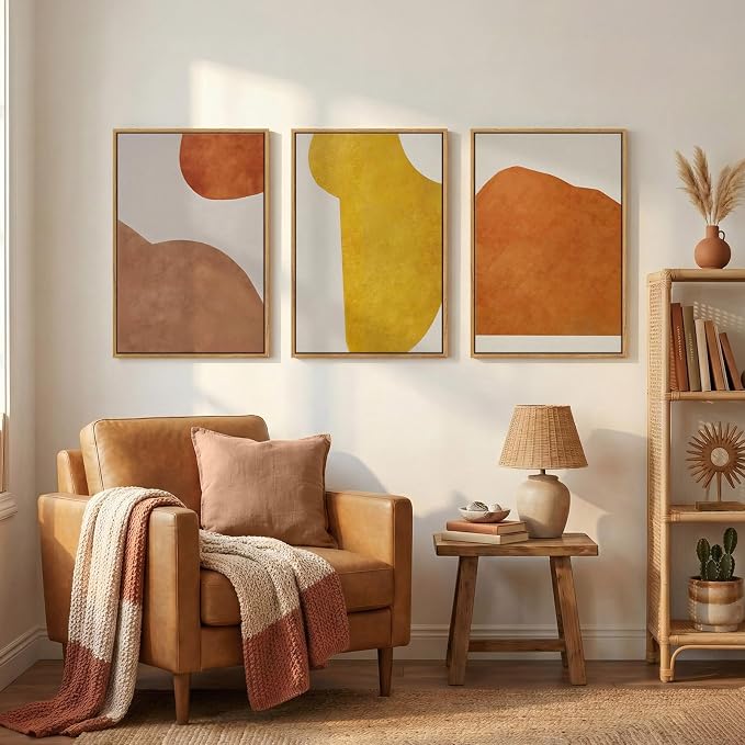 Framed Orange Abstract Boho Wall Art Bedroom, 3 Piece Neutral Mid Century - Image 8