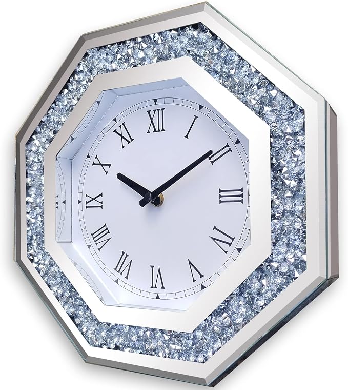 Wall Clock, Octagon Mirror Glass Clock, Cute Diamond 12-inch Non-Ticking Clock - Image 8