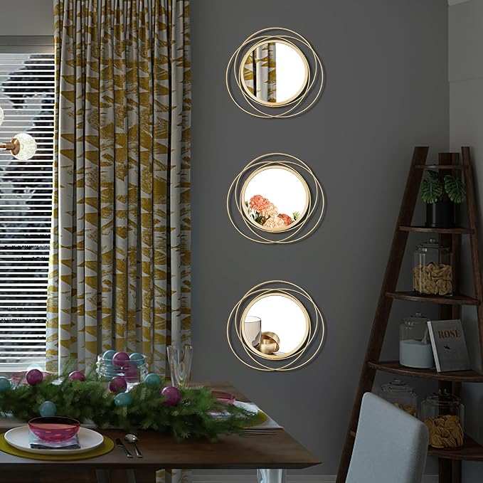 3 Set 9.5 Inch Gold Circle Mirrors Wall Decor Iron Frame Wire Mirror Metal - Image 4
