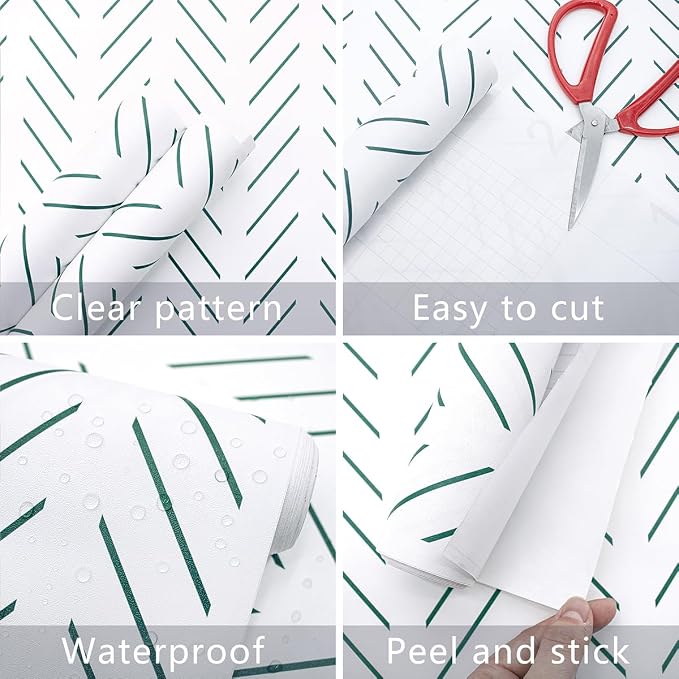 Erfoni Green and White Peel and Stick Wallpaper Herringbone Contact Paper - Image 6
