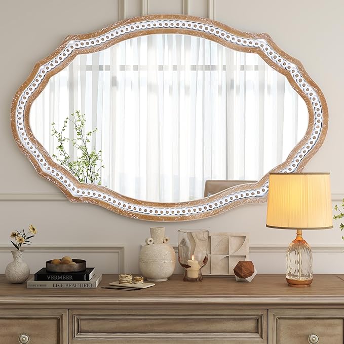 24x35 Inch Wooden Oval Mirror for Bathroom Over Sink, Rustic Farmhouse - Image 2