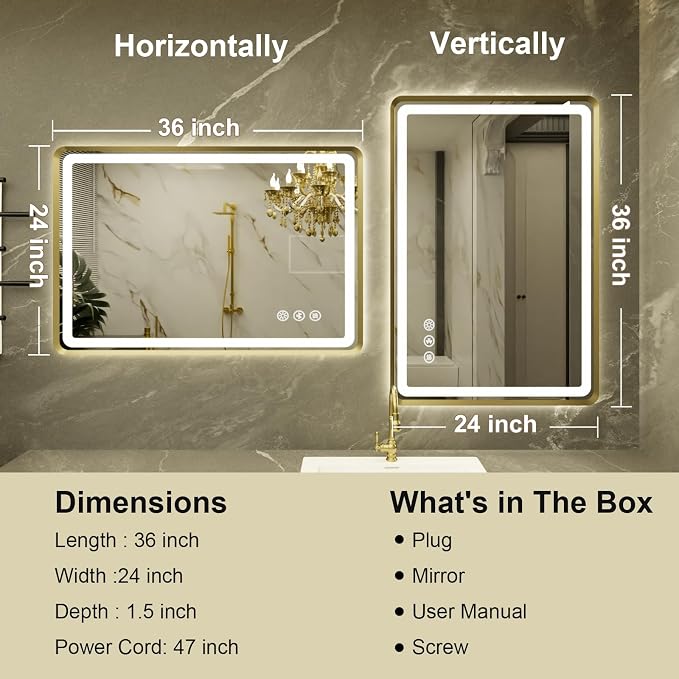 24''x36'' Gold Framed LED Bathroom Mirror - Image 7