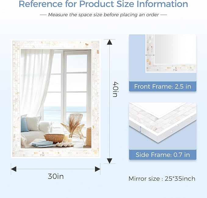 Tanmicoshomy 30 x 40 Inch White Bathroom Mirror, Coastal Natural Shell Framed - Image 3