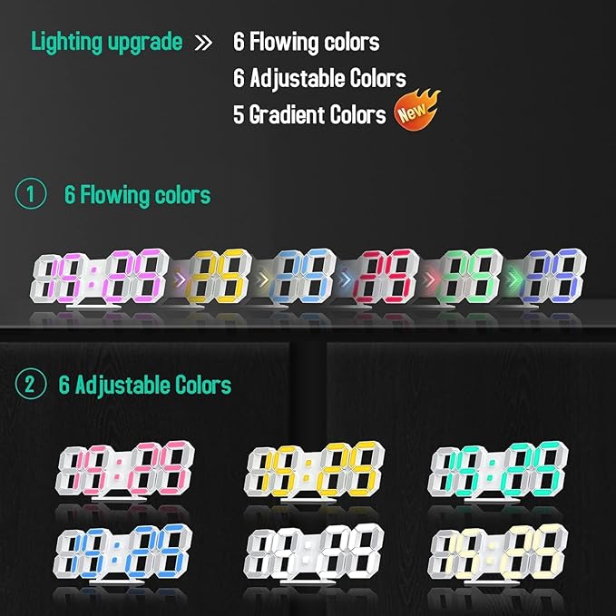 3D LED Digital Wall Clock 9.7" RGB Neon Alarm Clock, Large Display Desk/Wall - Image 5