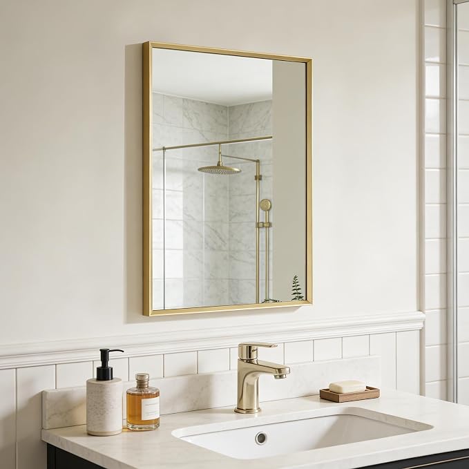 Bathroom Mirror for Wall, 16x24 Inch Metal Framed Mirror, Brushed Gold - Image 4