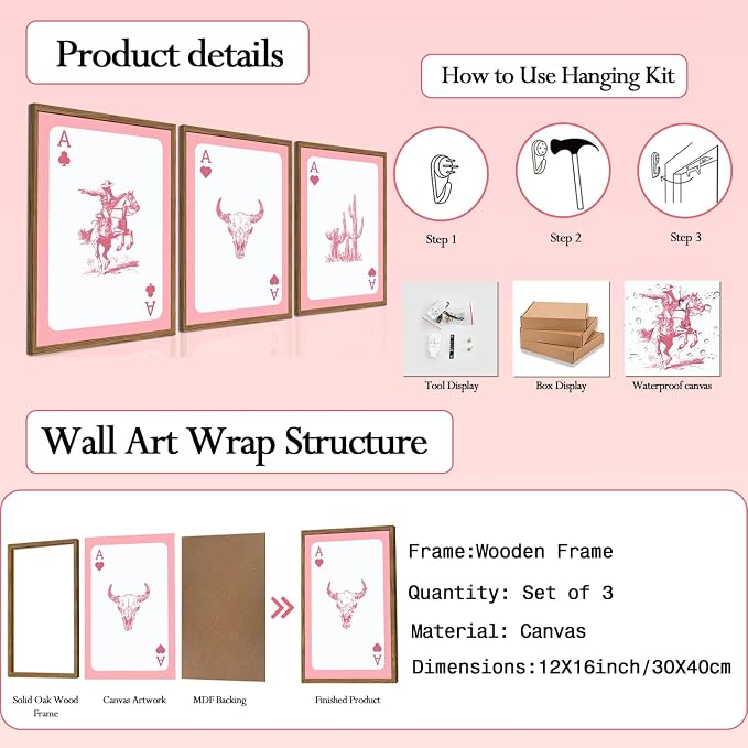 Set of 3 Western Cowgirl Wall Art Pink Bull Skull Wall Decor Painting - Image 3