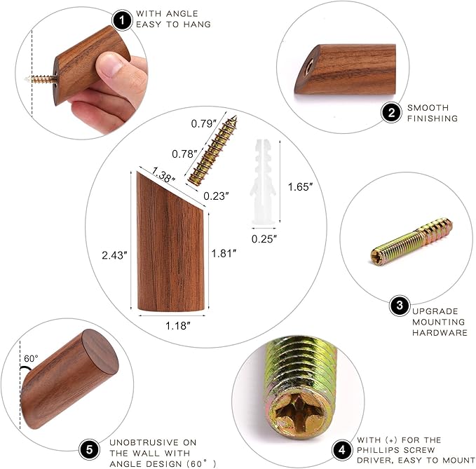 Felidio Wood Wall Hooks, 6 Pack Natural Wooden Coat Hooks Wall-Mounted - Image 6