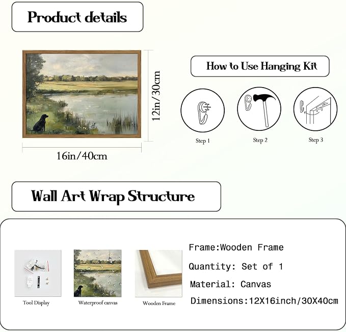 Framed Vintage Hunting Black Dog Wall Art, Rustic Country Nature Landscape - Image 5