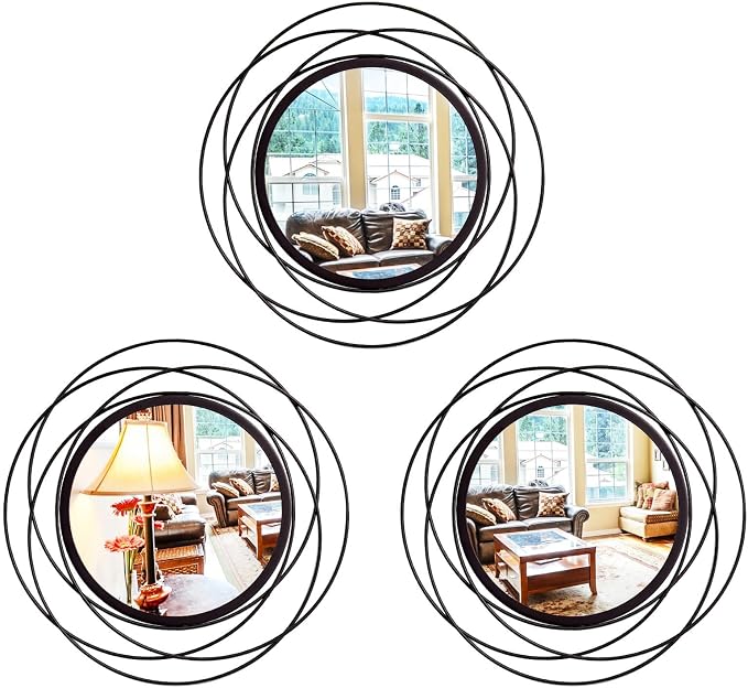 3 Set 9.5 Inch Black Circle Mirrors Wall Decor Iron Frame Wire Mirror Metal by Cityelf