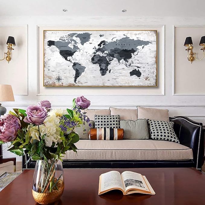 Framed wall art World Map Wall Art Canvas Picture 30inchx60inch Large Black and - Image 5