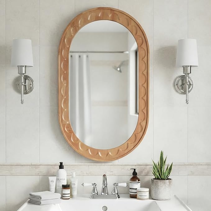 Wood Bathroom Mirror, 30 x 18 Inch Wood Wall Mirror by YXDXF