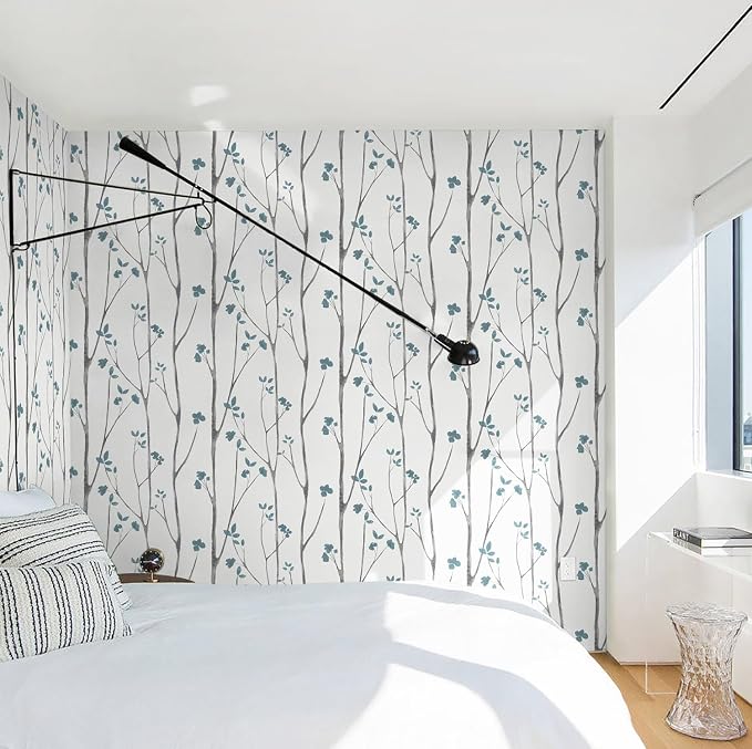 Timeet Peel and Stick Wallpaper White and Blue Floral Wallpaper Boho Leaf - Image 4
