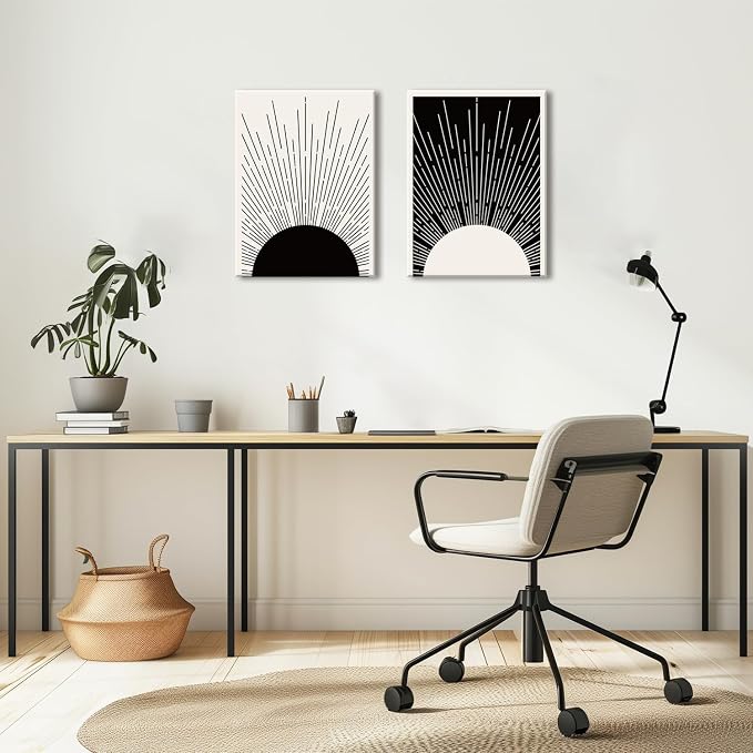 Hwetui Framed Boho Sun Wall Art Set of 2 Black and White Minimalist Sunrise - Image 4
