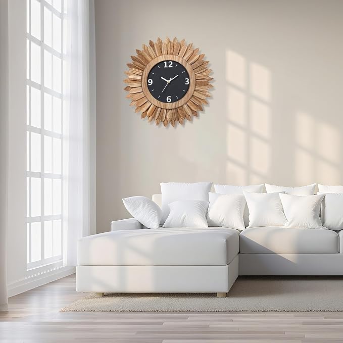 Honiway 16 Inch Wall Clocks, Rustic Wood Boho Sunburst Decorative Wall Clock - Image 3