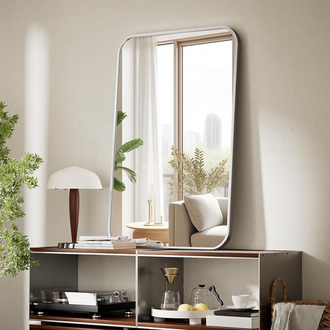BEAUTYPEAK Silver Wall Mounted Bathroom Mirror, Aluminum Alloy Frame Bathroom - Image 7