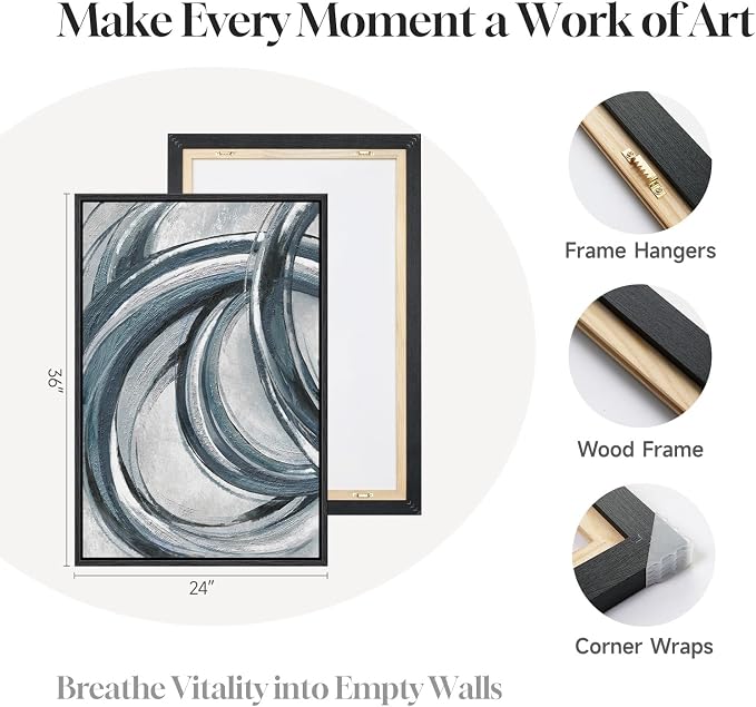 Framed Blue Gray Abstract Wall Art Set of 2, Modern Circle Line Canvas Artwork - Image 6