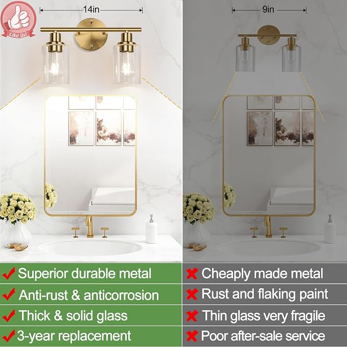 Zarbitta 2-Light Bathroom Light Fixtures, Brushed Gold Vanity Light, Modern - Image 3
