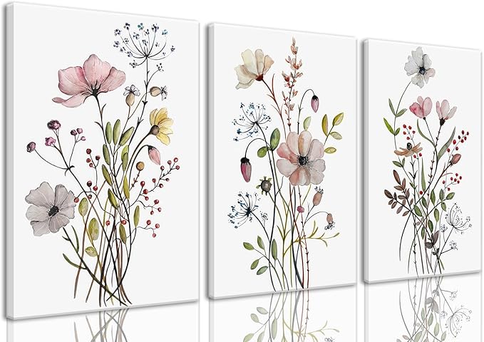 Bwodke Framed Wildflower Canvas Wall Art Pink Watercolor Botanical Floral by Bwodke