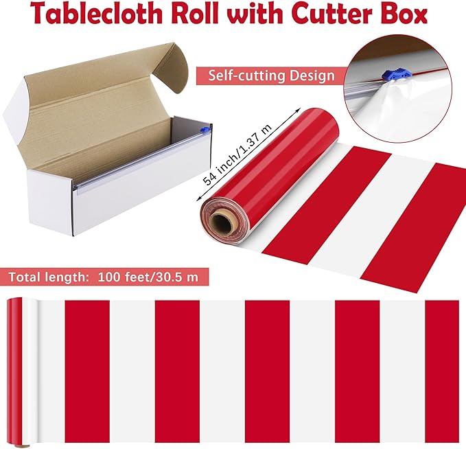 Kochorie 100 Ft x 54 Inch Red & White Striped Tablecloth Roll - Image 2