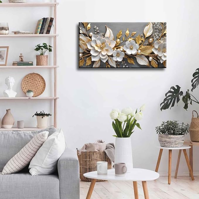 Large Living Floral Canvas Wall Art Gold White Plant Abstract Decor painting - Image 6