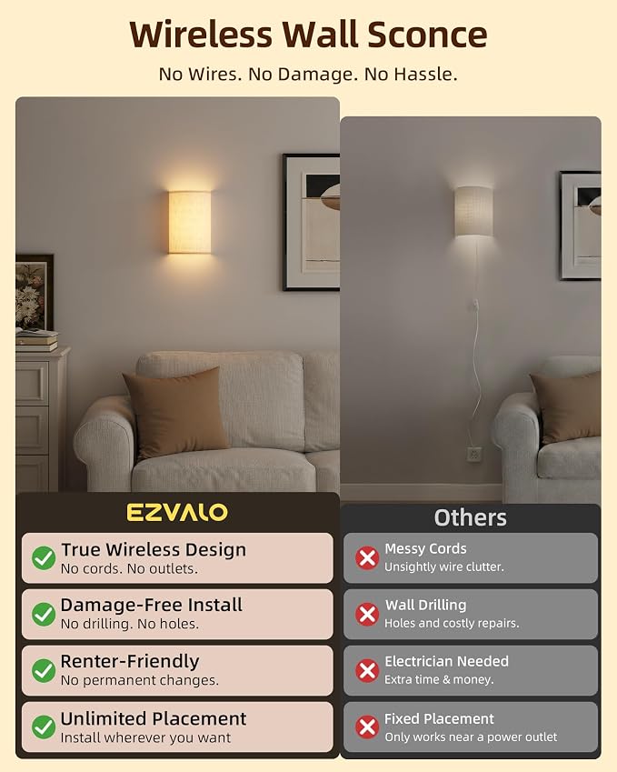 EZVALO Battery Operated Wall Sconce, Rechargeable Wall Sconces Set of Two - Image 3