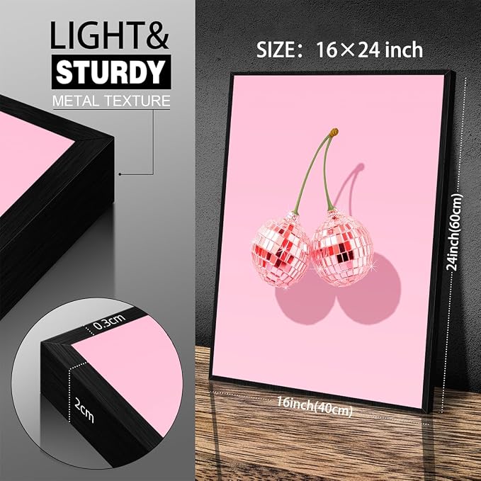 Funky Pink Cherry Poster Retro Disco Ball Canvas Wall Art 16X24 inch Black - Image 2