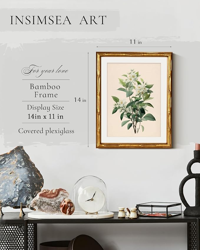 InSimSea Gold Bamboo Framed Canvas Wall Art, Vintage White Jasmine Botanical - Image 3