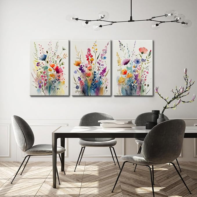 KISSFOX 3 Piece Canvas Wall Art Wildflowers Wall Decor Floral Pictures - Image 2