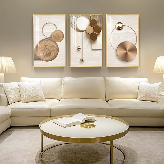 Large Modern Elegant Gold Framed Luxury Wall Art, 3 Piece Bright Glam Art - Image 3