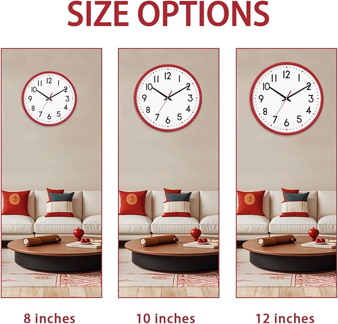 HZDHCLH Wall Clock Red, Silent Wall Clocks Battery Operated 8 Inch Modern Non - Image 3