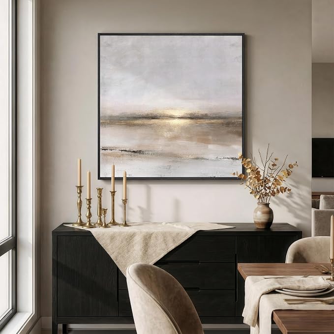 Framed Neutral Abstract Landscape Wall Art, Modern Gray Black Gold Canvas - Image 3